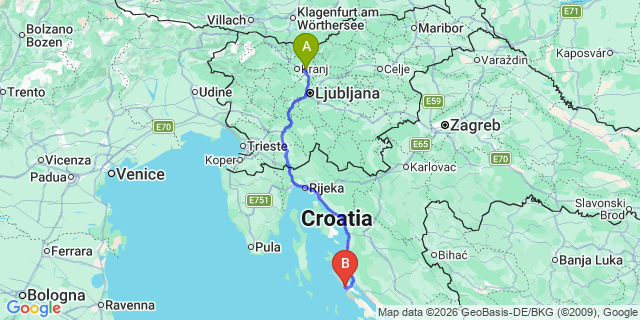 Map: Ljubljana Airport (LJU) to Novalja