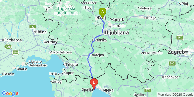 Map: Ljubljana Airport (LJU) to Opatija