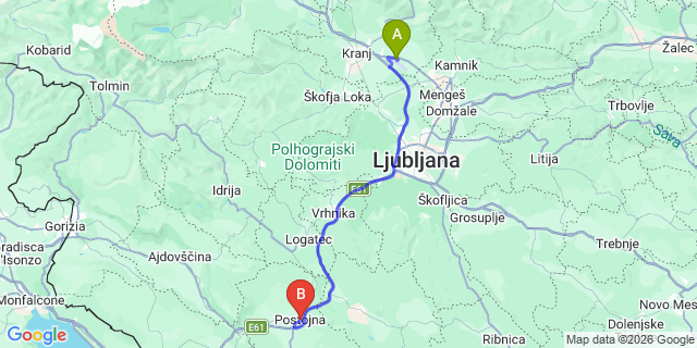Map: Ljubljana Airport (LJU) to Postojna