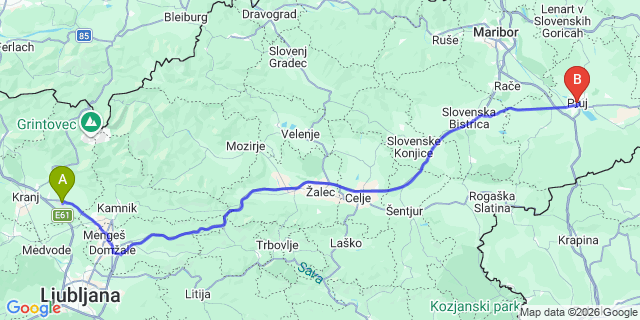 Map: Ljubljana Airport (LJU) to Ptuj