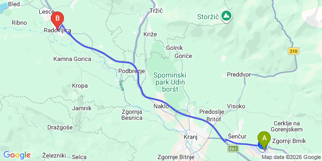 Map: Ljubljana Airport (LJU) to Radovljica