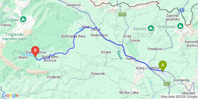 Map: Ljubljana Airport (LJU) to Ribcev Laz