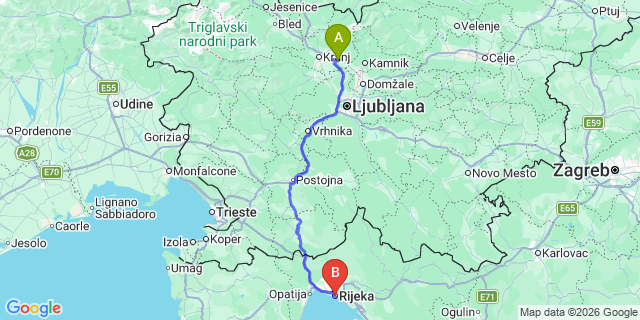 Map: Ljubljana Airport (LJU) to Rijeka