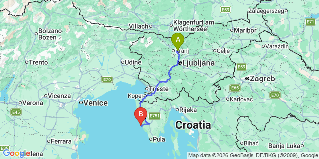 Map: Ljubljana Airport (LJU) to Rovinj