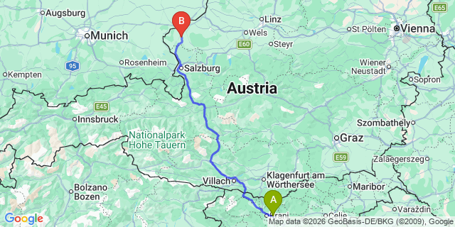 Map: Ljubljana Airport (LJU) to Salzburg