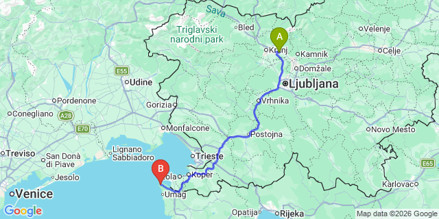 Map: Ljubljana Airport (LJU) to Savudrija