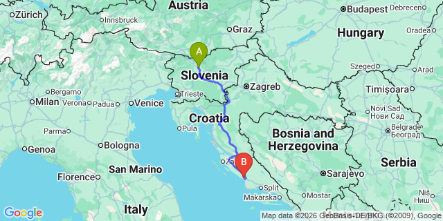 Map: Ljubljana Airport (LJU) to Sibenik