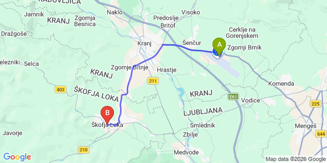 Map: Ljubljana Airport (LJU) to Skofja-loka
