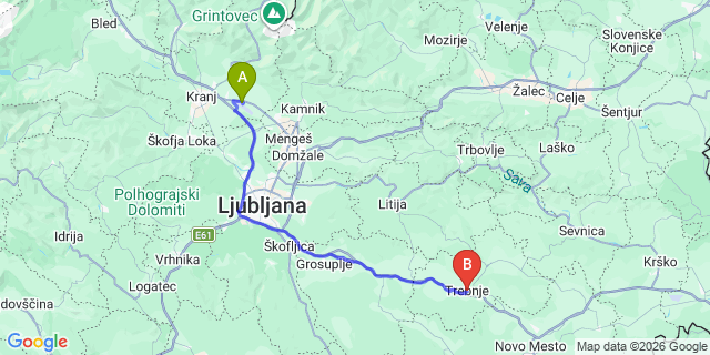 Map: Ljubljana Airport (LJU) to Trebnje