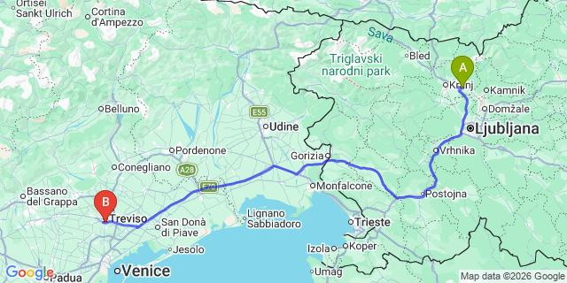 Map: Ljubljana Airport (LJU) to Trevisio