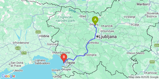 Map: Ljubljana Airport (LJU) to Trieste