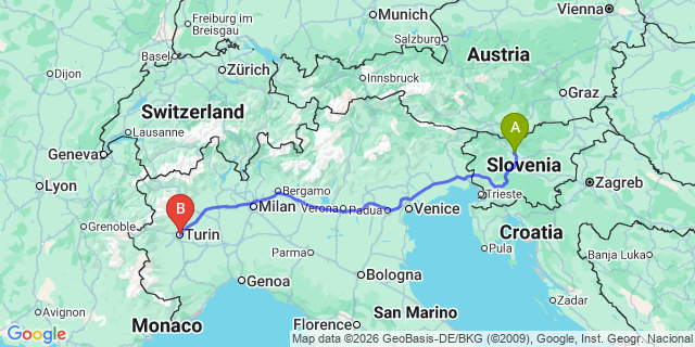 Map: Ljubljana Airport (LJU) to Turin