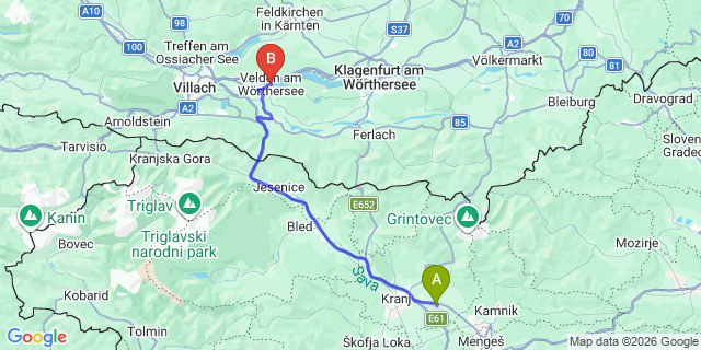 Map: Ljubljana Airport (LJU) to Velden