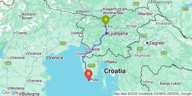 Map: Ljubljana Airport (LJU) to Verudela