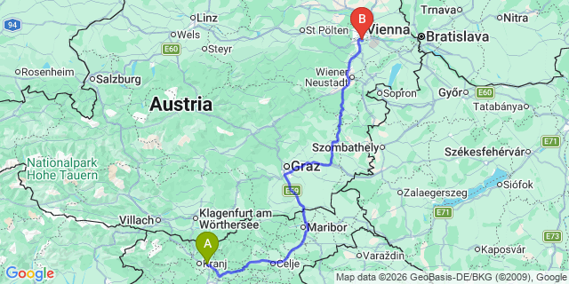 Map: Ljubljana Airport (LJU) to Vienna city (all areas)