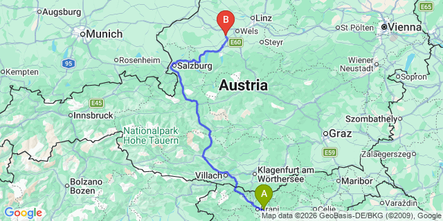 Map: Ljubljana Airport (LJU) to Villach