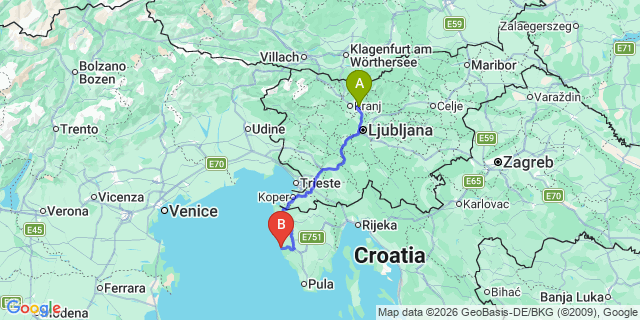 Map: Ljubljana Airport (LJU) to Vrsar