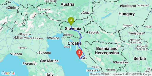 Map: Ljubljana Airport (LJU) to Zadar
