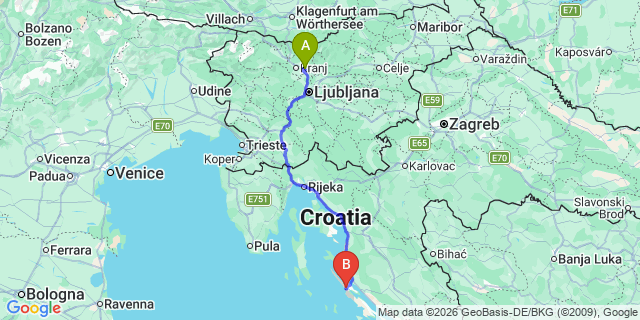 Map: Ljubljana Airport (LJU) to Zrce