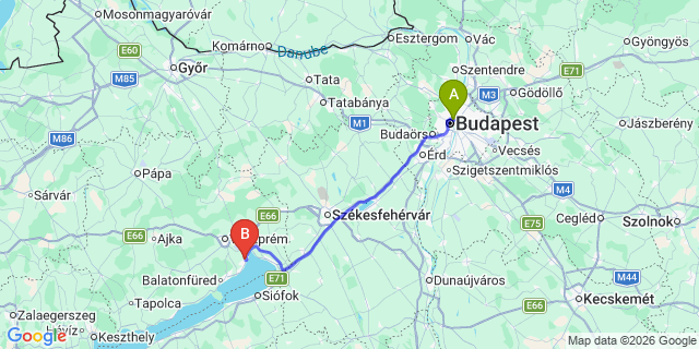 Map: Budapest Nyugati Train Station to Balatonalmádi