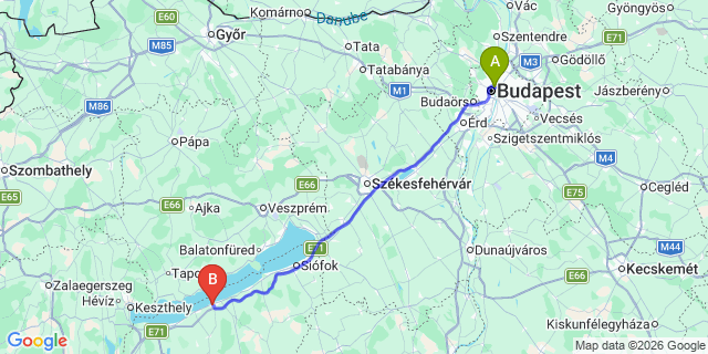 Map: Budapest Nyugati Train Station to Balatonboglár
