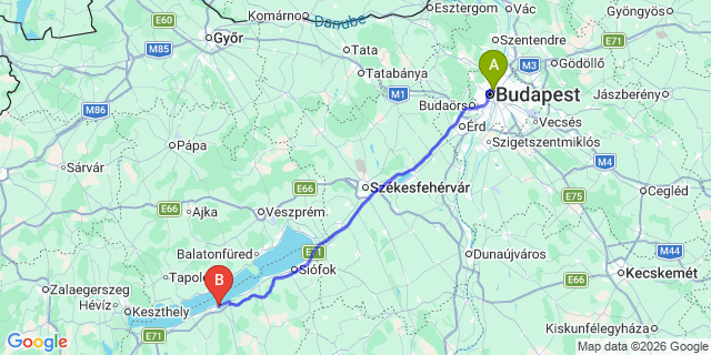 Map: Budapest Nyugati Train Station to Balatonlelle