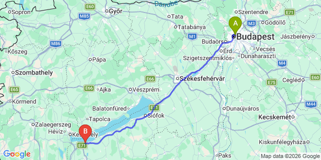 Map: Budapest Nyugati Train Station to Balatonmáriafürdő