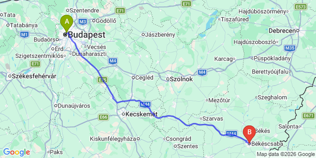 Map: Budapest Nyugati Train Station to Békéscsaba