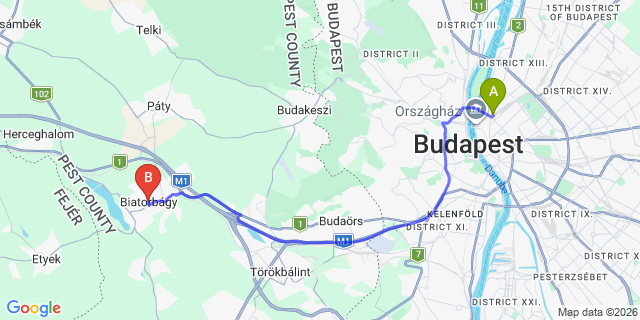 Map: Budapest Nyugati Train Station to Biatorbágy