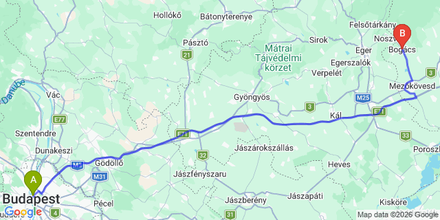 Map: Budapest Nyugati Train Station to Bogács