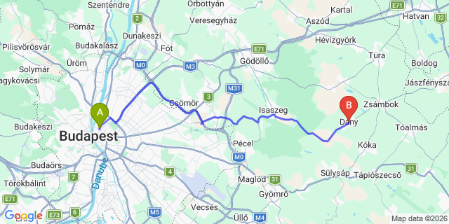Map: Budapest Nyugati Train Station to Dány