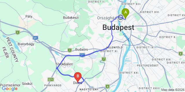 Map: Budapest Nyugati Train Station to Diósd