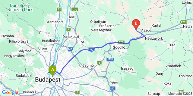 Map: Budapest Nyugati Train Station to Domony