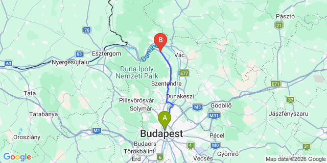 Map: Budapest Nyugati Train Station to Dunabogdány
