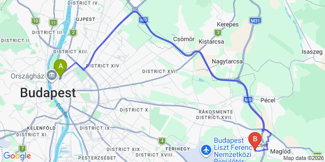 Map: Budapest Nyugati Train Station to Ecser
