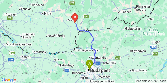 Map: Budapest Nyugati Train Station to Esztergom