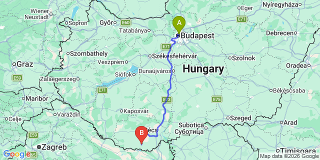 Map: Budapest Nyugati Train Station to Harkány