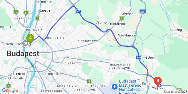 Map: Budapest Nyugati Train Station to Maglód
