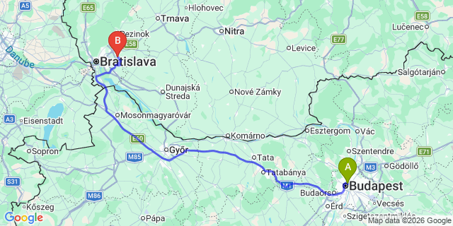 Map: Budapest Nyugati Train Station to Mosonmagyaróvár