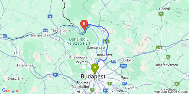 Map: Budapest Nyugati Train Station to Nagymaros