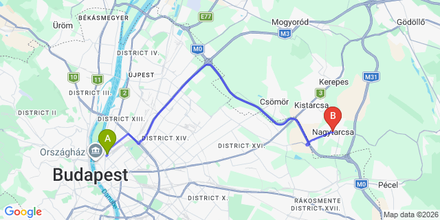 Map: Budapest Nyugati Train Station to Nagytarcsa