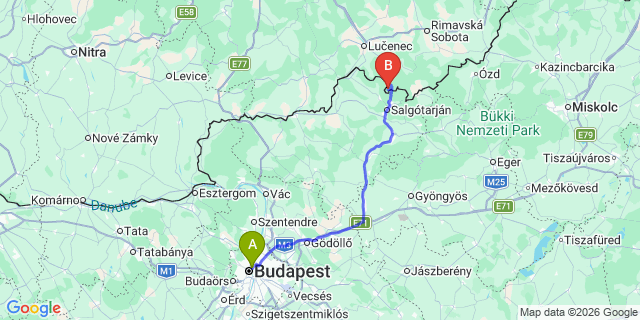 Map: Budapest Nyugati Train Station to Salgótarján