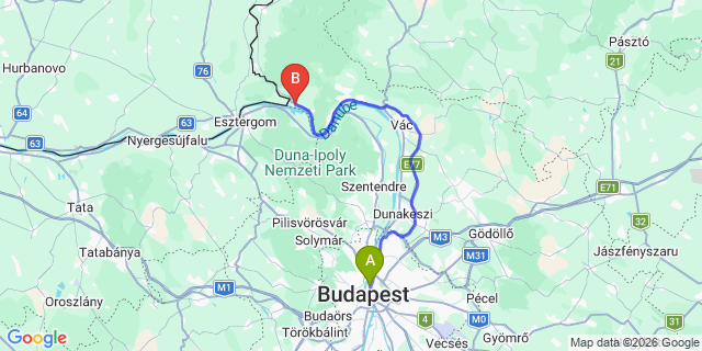 Map: Budapest Nyugati Train Station to Szob