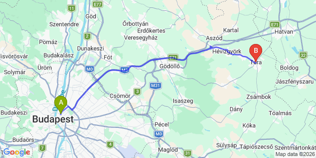 Map: Budapest Nyugati Train Station to Tura