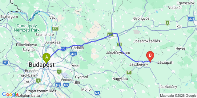 Map: Abony to Budapest Keleti Train Station