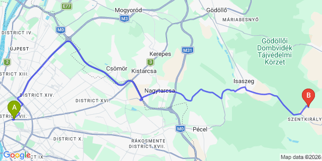 Map: Budapest Keleti Train Station to Aszód