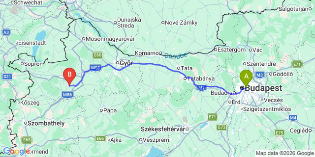 Map: Budapest Keleti Train Station to Bratislava city (all areas)