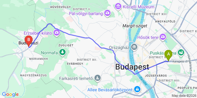 Map: Budapest Keleti Train Station to Budakeszi