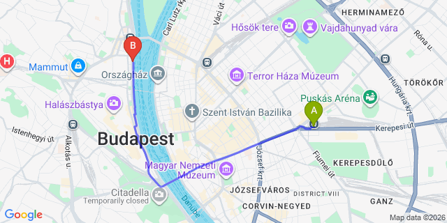 Map: Budapest city (all areas) to Budapest Keleti Train Station