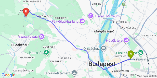 Map: Budapest Petnehazy Club Hotel to Budapest Keleti Train Station